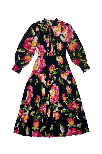 Paloma Dress in Pink Flowers on Black Print #1533ROB
