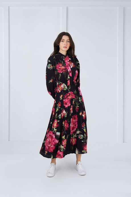 Paloma Dress in Pink Flowers on Black Print #1533ROB