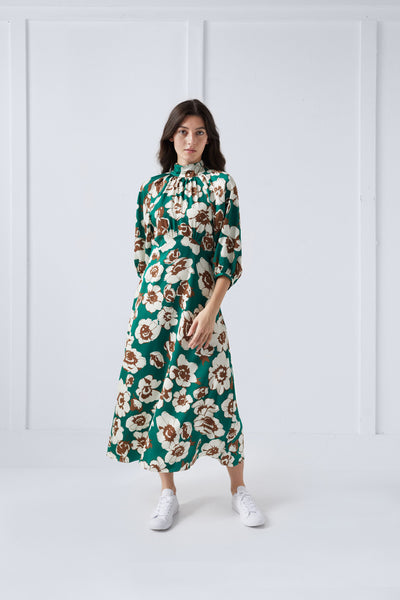 Fiona Dress in Flower Print on Green #7978N