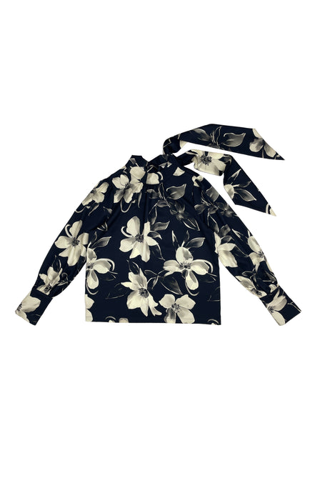 Lara Blouse with Neck Tie Flower on Navy #8106NFL