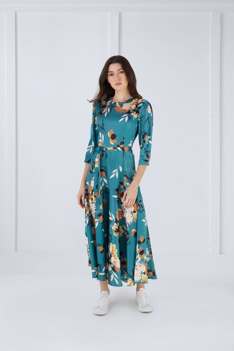 Leah Dress in Flowers on Green Print #8228