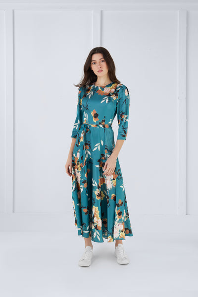 Leah Dress in Flowers on Green Print #8228