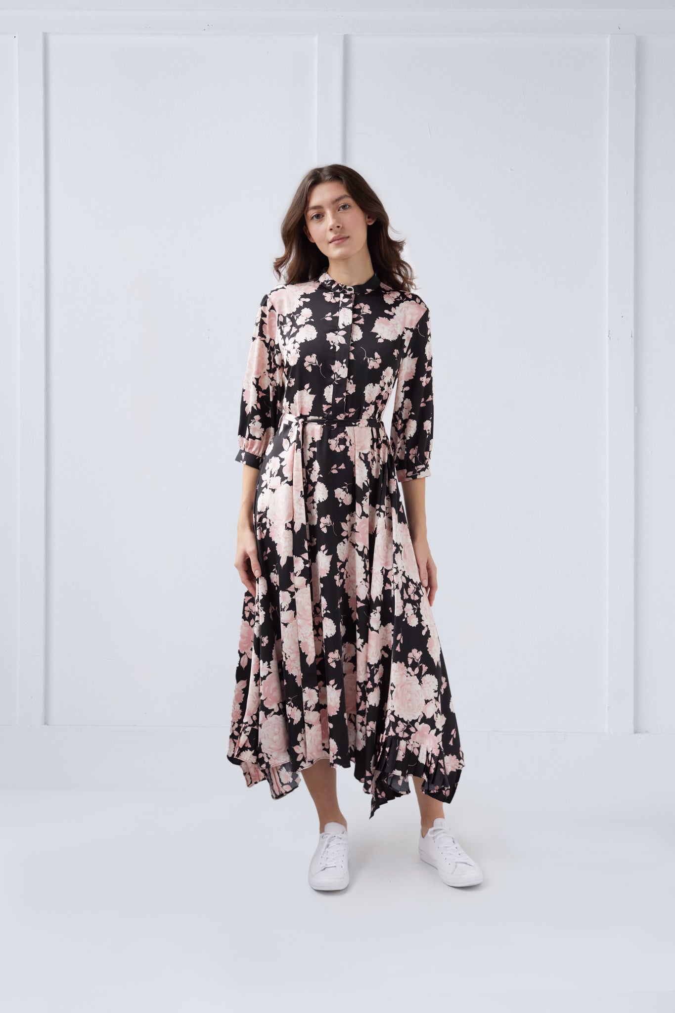Asymmetric Tina Dress Pink Flowers on Black #8311PFB FINAL SALE – UNAYA