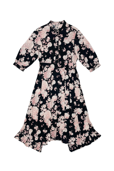 Asymmetric Tina Dress Pink Flowers on Black #8311PFB