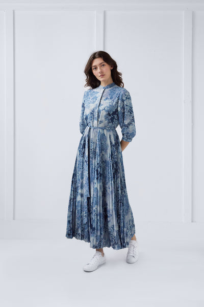 Pleated Blue Dress with Floral Print