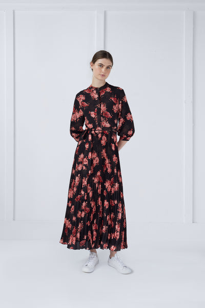 Pleated Tina Dress Flowers on Black #8464SSFOB