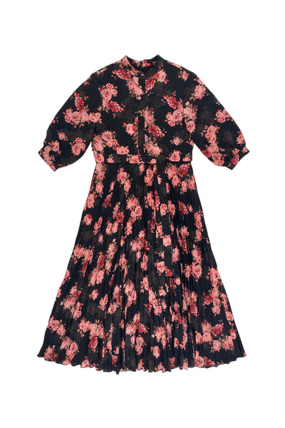 Pleated Tina Dress Flowers on Black #8464SSFOB