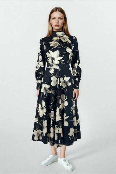 Lara Blouse with Neck Tie Flower on Navy #8106NFL