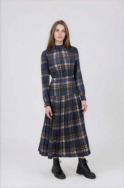 Sharon Dress Blue Brown Plaid #8643BPL