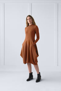 Cognac Back Pully Dress with Mock Neck